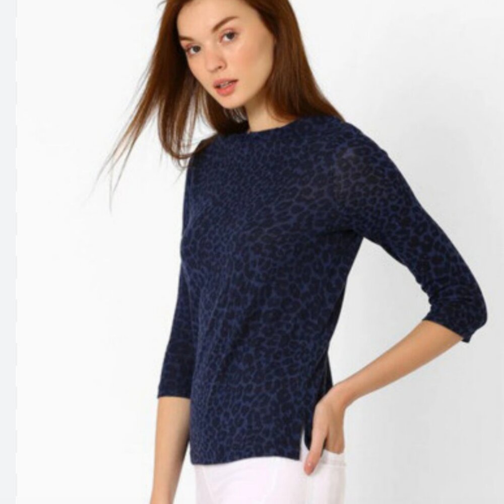 Marks & Spencer Navy Leopard Print 3/4 Sleeve Top Cheetah Cougar slits women's S - Picture 1 of 15